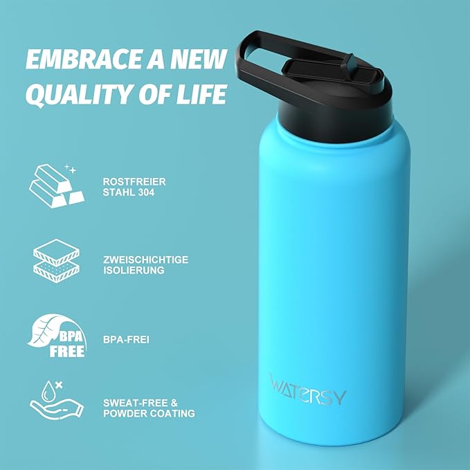 32oz Insulated Water Bottle (Cold for 48 Hrs),BPA Free&Leak Proof,Stainless Steel Water Flask,Water Jug with Straw Spout Lids for Gym,Hiking,Travel,Sky Blue