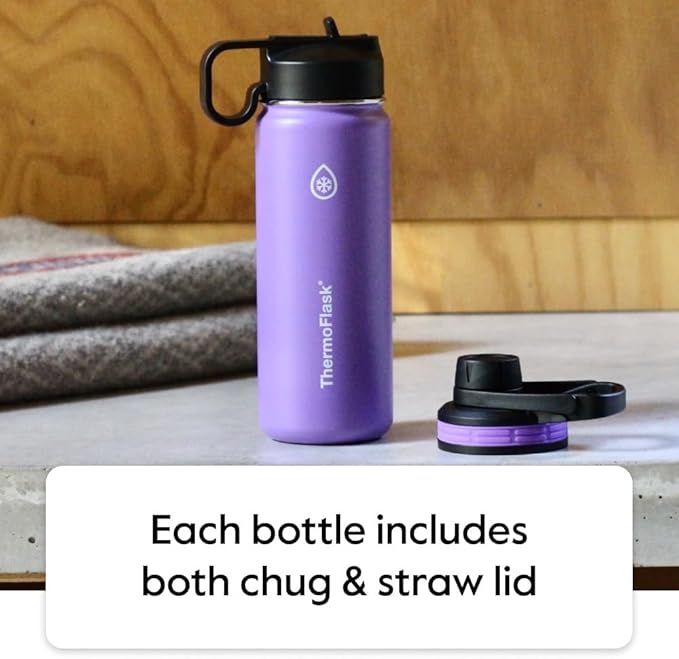 ThermoFlask 18 oz Double Wall Vacuum Insulated Stainless Steel Water Bottle - Reusable with Leakproof Chug & Straw Lids - Keeps Drinks Cold 24 hr/Hot 12 hr - Easy Maintenance - Gym/On-the-Go, White