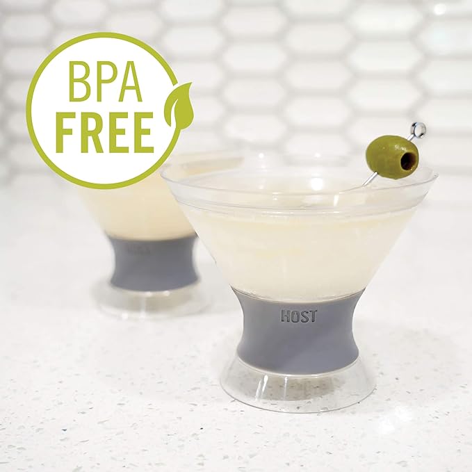 Host Freeze Insulated Martini Cooling Cups for Espresso Martinis, Gifts for Mom, Housewarming Gifts for Women, Plastic Freezer Gel Chiller Double Wall Stemless Cocktail Glasses, Set of 2, 9 oz, Gray