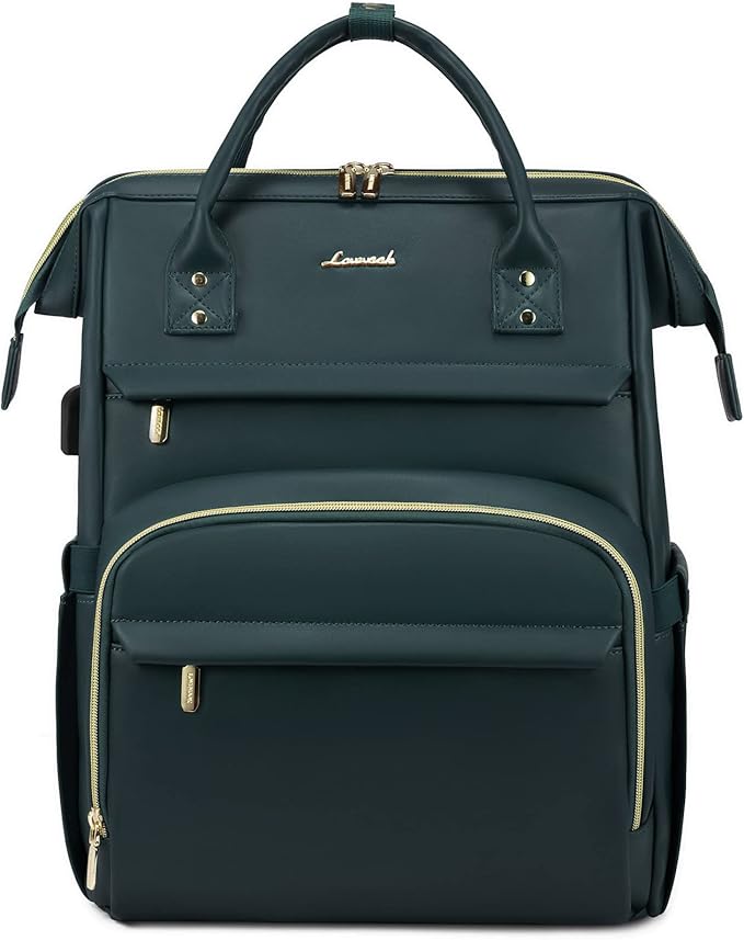 LOVEVOOK Leather Laptop Backpack for Women 17 inch,Travel Backpack Purse Nurse Teacher Backpack Computer Laptop Bag,Professional College Business Work Bag Carry On Backpack with USB Port,Dark Green