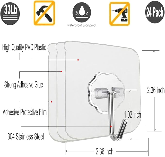 Jwxstore 24 Pack Self Adhesive Hooks Heavy Duty - 33lb Max, Transparent, Waterproof, Sticky Wall Hooks for Keys, Bathroom, Shower, Outdoor, Kitchen, Door, Home Improvement, Utility Hooks