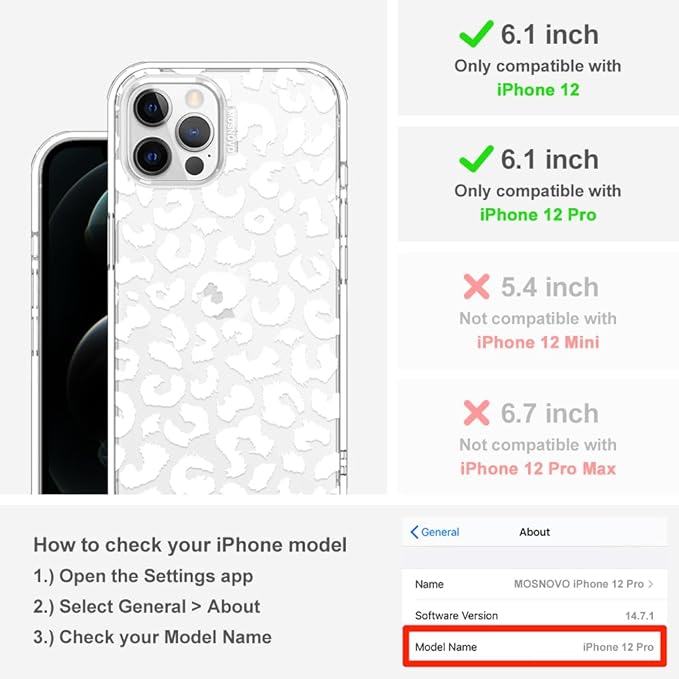 MOSNOVO Case for iPhone 12 & iPhone 12 Pro, [Buffertech 6.6ft Military-Grade Drop Protection] [Anti Peel Off Tech] Clear TPU Bumper Phone Case Cover Design - White Leopard Print