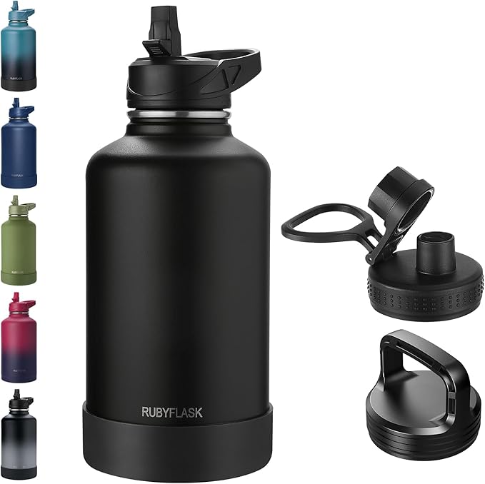 RUBYFLASK 64oz Insulated Water Bottle with Straw, Half Gallon Stainless Steel Vacuum Water Jug, Large Thermal Water Bottle Flask with Leakproof 3 Lids for Travel, Camping, Gym Sports Black
