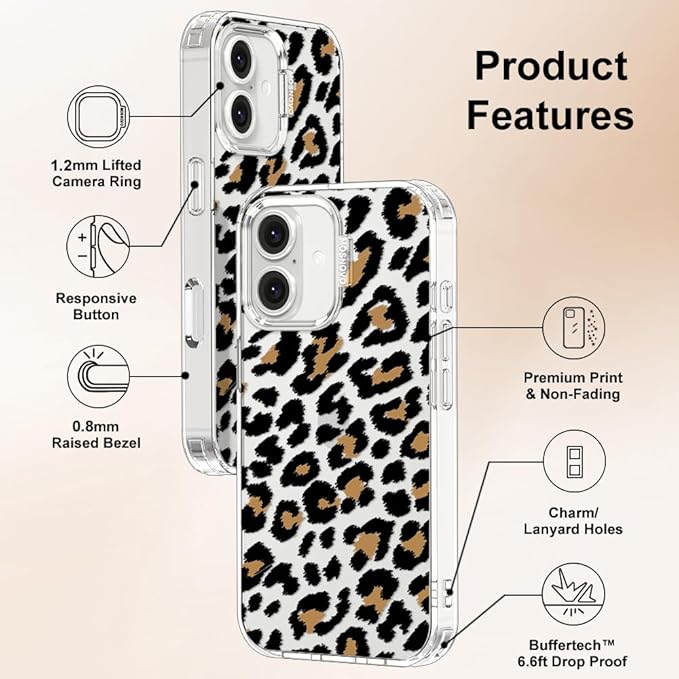 MOSNOVO Case for iPhone 16 Plus, [Buffertech 6.6ft Military-Grade Drop Protection] [Anti Peel Off Tech] Clear TPU Bumper Phone Case Cover Design - Leopard Print
