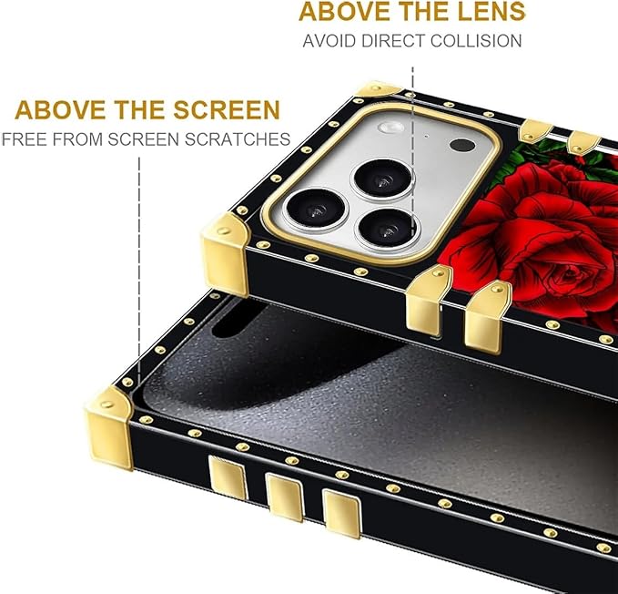 for iPhone 17 Pro Max Case Luxury Golden Decoration for Girl Women Soft TPU Shockproof Protective Hard PC Back for iPhone 17 Pro Max Crazy Pattern Vector Red Rose Green Leaf