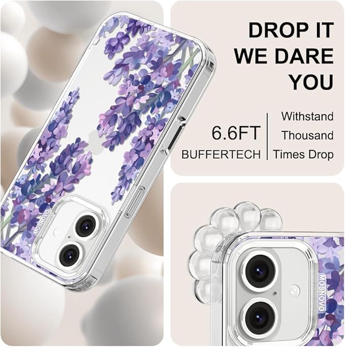 MOSNOVO Case for iPhone 16 Plus, [Buffertech 6.6ft Military-Grade Drop Protection] [Anti Peel Off Tech] Clear TPU Bumper Phone Case Cover Design - Lavender
