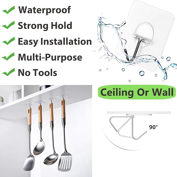 JINSHUNFA Adhesive Wall Hooks 13LB Heavy Duty No Drill Transparent Waterproof Hooks for Bathroom Kitchen Towel Coat 8 Pack