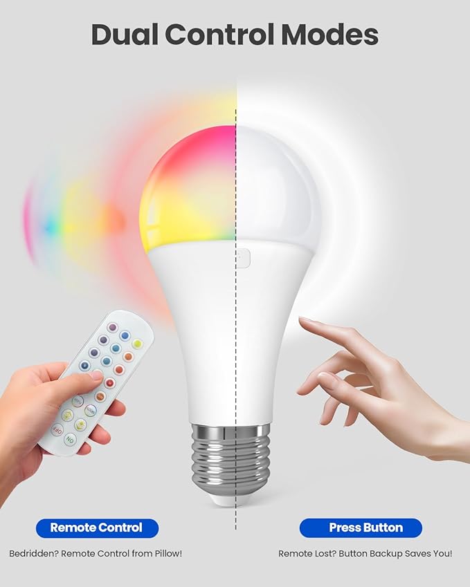 KINDEEP Rechargeable Light Bulbs with Remote, E26 Battery Operated LED Bulb: 2000mAh Dimmable Wireless Backup Light Bulb with 15 Colors & 3 Timer for Non-Hardwired Lamps Wall Sconce, 1 Pack