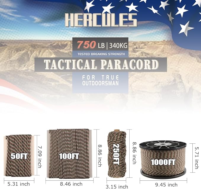HERCULES 750lb Paracord 4mm 11 Strands Tactical Parachute Cord, 50' 100' 250' 1000' Utility Rope for Camping, Survival, Outdoor Gear (Forest Camo, 100FT)