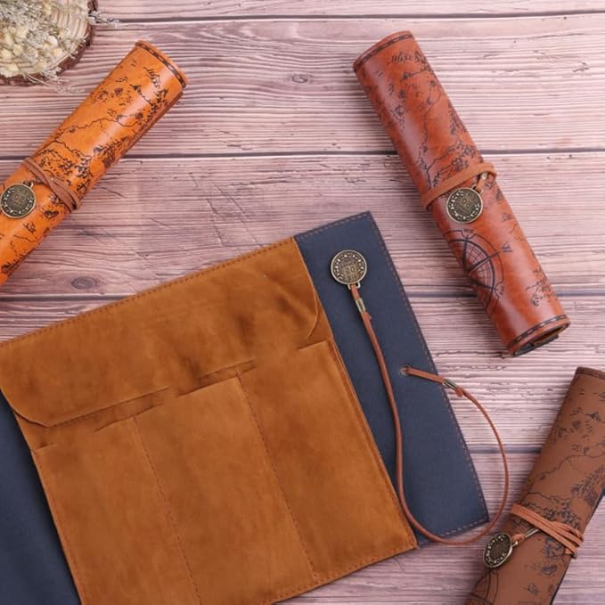 MAGICLULU Retro Treasure Map Roll up Pencil Case Leather Large Capacity Pencil Pouch Organizer for Art Supplies and Makeup Brushes 8.19X8.19 Inches