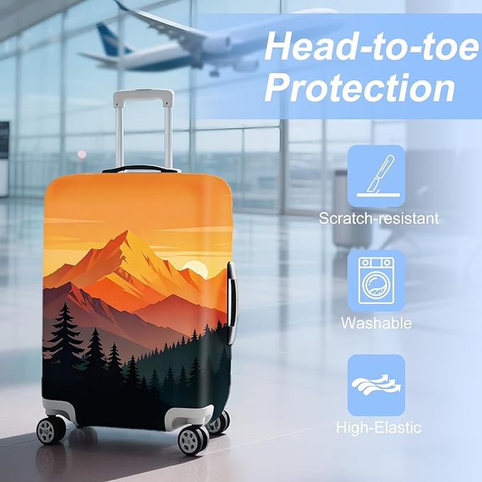 Retro Mountain Landscape Sunset Travel Luggage Cover -Stretchable Airplane Suitcase Protector Sleeve,Universal Washable Fit for 28-30 Inch Checked Baggage,Water Resistant Durable Luggage Protector