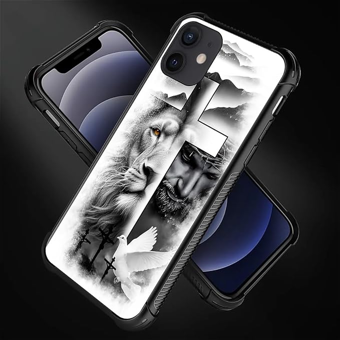 for iPhone 12 Mini Case, Lion Cross Jesus Christ Dove Pattern Made of Soft Silicone Hard Acrylic Shock Protection for iPhone 12 Mini