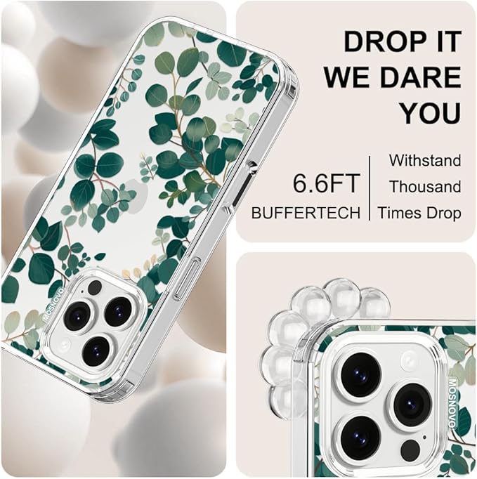 MOSNOVO Case for iPhone 16 Pro Max, [Buffertech 6.6ft Military-Grade Drop Protection] [Anti Peel Off Tech] Clear TPU Bumper Phone Case Cover Design - Eucalyptus