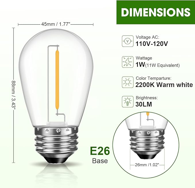 GvvooHome LED S14 Replacement Light Bulbs for Outdoor String Lights, 1W Shatterproof Edison Light Bulbs for Outside Patio Garden, E26 Standard Base, Dimmable, 2200K Warm White, 15 Pack