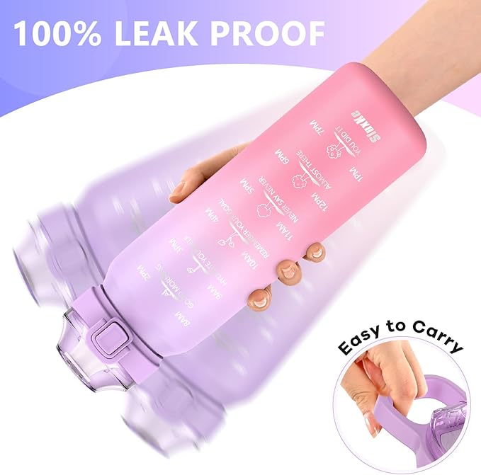 SLUXKE Stainless Steel Insulated Water Bottle 32oz with Handle, 1L Double Wall Insulated Bottle with Time Marker BPA Free, 1000ml Metal Water Flask for Outdoor Working School PURPLE PINK