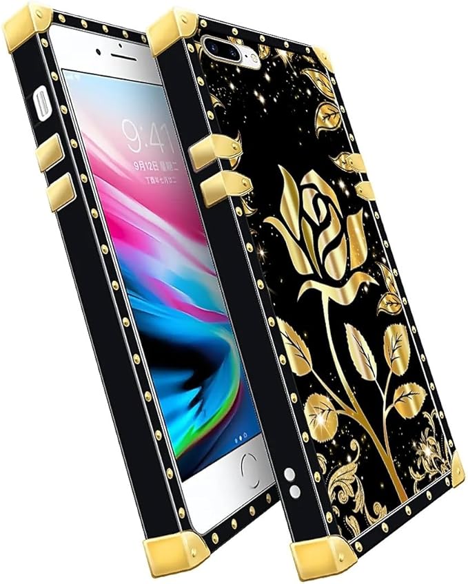 Compatible with iPhone 8 Plus 7 Plus Case, Shine Gold Rose Luxury Golden Decoration for Girl Women Soft TPU Shockproof Protective Hard PC Back for iPhone 8 Plus 7 Plus