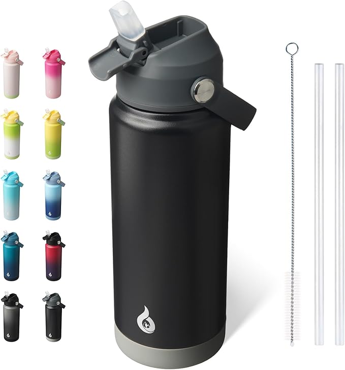 BJPKPK Water Bottle with Straw Lid, 24oz Vacuum Insulated Water Bottles, Metal Stainless Steel Thermo for Sports, Travel, BPA Free Leak Proof Thermo, Cups, Flasks, Tumblers,Black