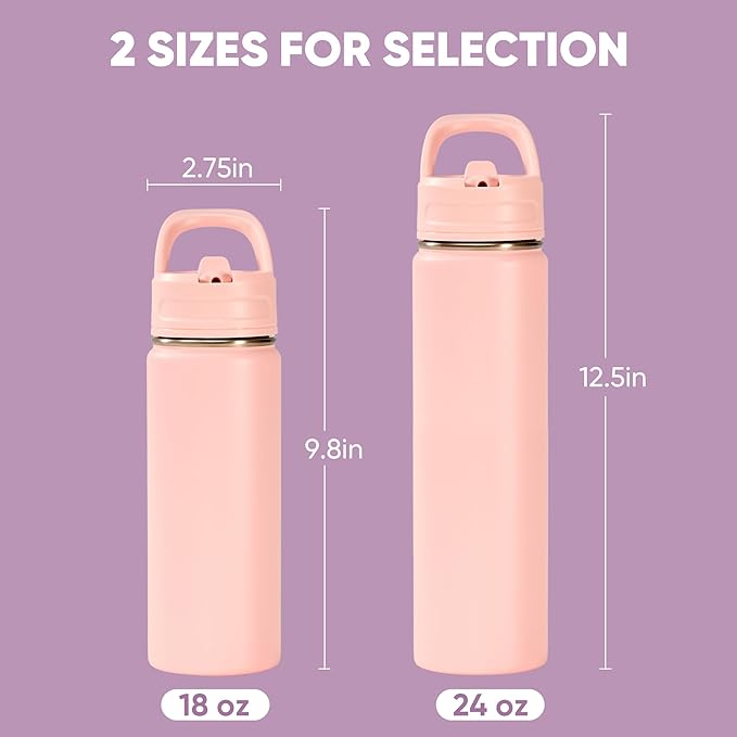 Fijinhom 24oz Insulated Stainless Steel Water Bottle with Straws, Double Wall Vacuum Insulated Bottles, Metal Thermo for Travel, Sports, Leak-Proof, BPA Free, Women & Men, Pink