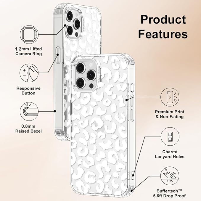 MOSNOVO Case for iPhone 12 & iPhone 12 Pro, [Buffertech 6.6ft Military-Grade Drop Protection] [Anti Peel Off Tech] Clear TPU Bumper Phone Case Cover Design - White Leopard Print