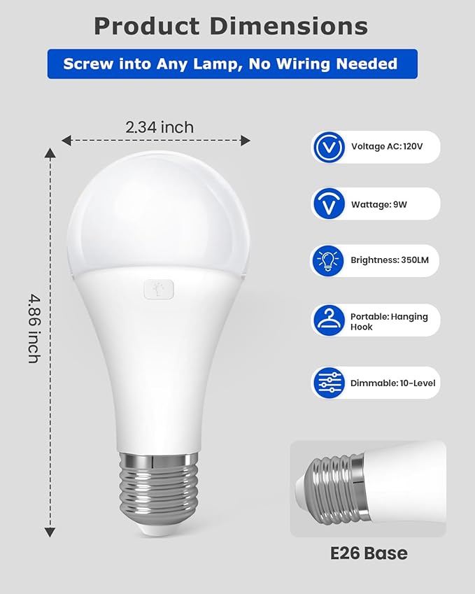 KINDEEP Rechargeable Light Bulbs with Remote, E26 Battery Operated LED Bulb: 2000mAh Dimmable Wireless Backup Light Bulbs with 15 Colors & 3 Timer for Non-Hardwired Lamps Wall Sconce, 4 Pack