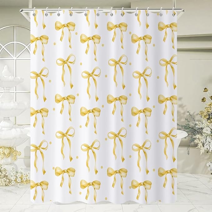 Yellow Bow Shower Curtain, Yellow and White Modern Aesthetic Bowknot with Polka Dot Cute Girly Bathroom Curtain Waterproof Fabric Machine Washable with Hooks, 65" Wx72 L