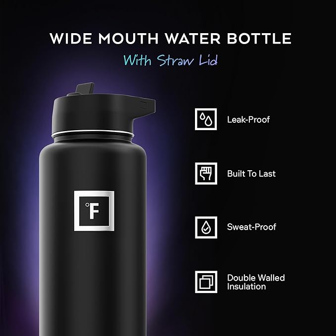 IRON °FLASK Camping & Hiking Hydration Flask with Straw, Wide Mouth Insulated Stainless Steel Sports Water Bottle - 40 oz Dark Rainbow