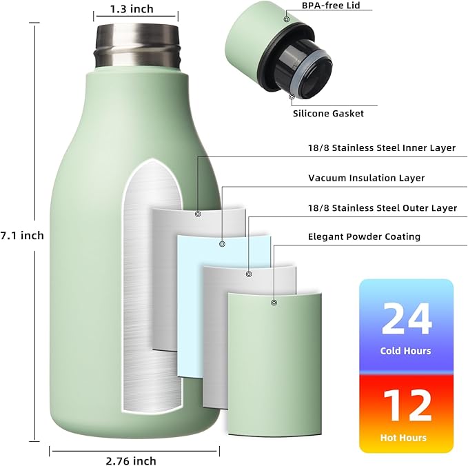 BJPKPK Insulated Water Bottles, 12oz Stainless Steel Metal Water Bottle with Strap, BPA Free Leak Proof Jugs, Mugs, Flasks, Reusable Thermal Flasks for Sports & Travel, Macaron Green