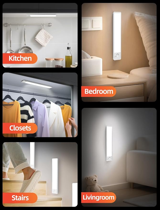 Under Cabinet Lighting: 12 Inch 3-Color Dimmable Rechargeable Motion Sensor Lights Indoor - Battery Operated Lights - Closet Light Magnetic Led Light for Kitchen Home Bathroom Counter 5 Pack