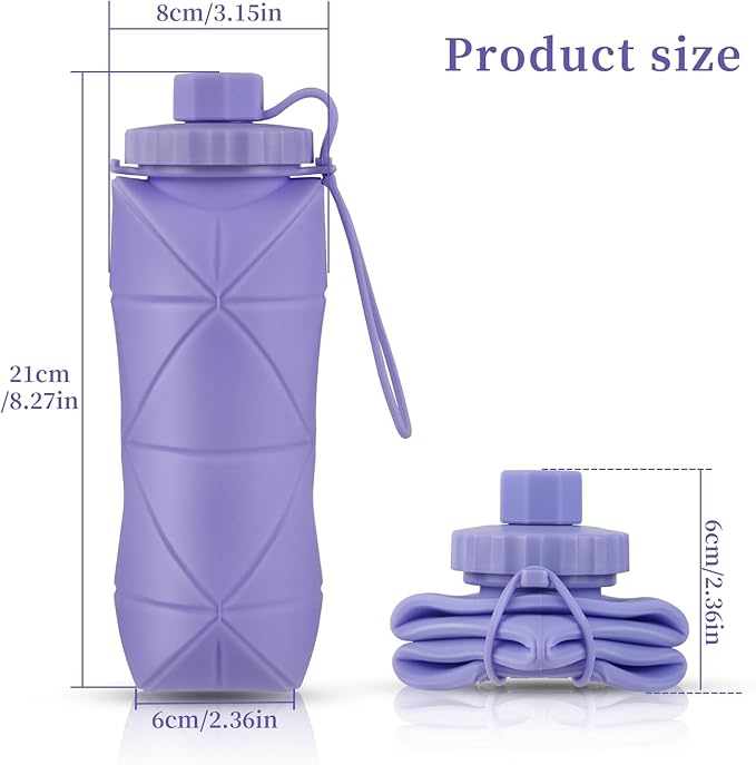 YCT Collapsible Silicone Travel Water Bottle 20oz (600ml), Reuseable Leakproof BPA Free Foldable Sports Bottle, with Carrying Strap, Pink + Green