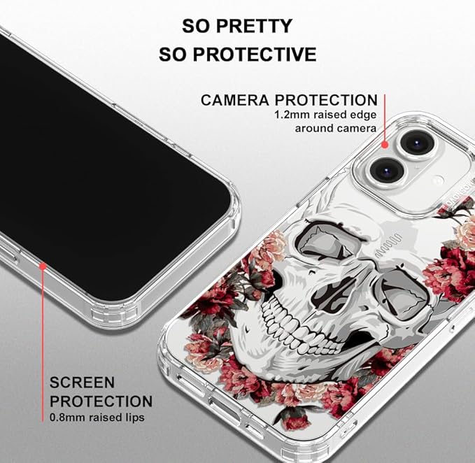 MOSNOVO Case for iPhone 16 Plus, [Buffertech 6.6ft Military-Grade Drop Protection] [Anti Peel Off Tech] Clear TPU Bumper Phone Case Cover Design - Red Flower Skull