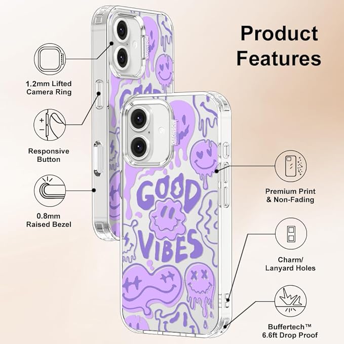 MOSNOVO Case for iPhone 16, [Buffertech 6.6ft Military-Grade Drop Protection] [Anti Peel Off Tech] Clear TPU Bumper Phone Case Cover Design - Good Vibes