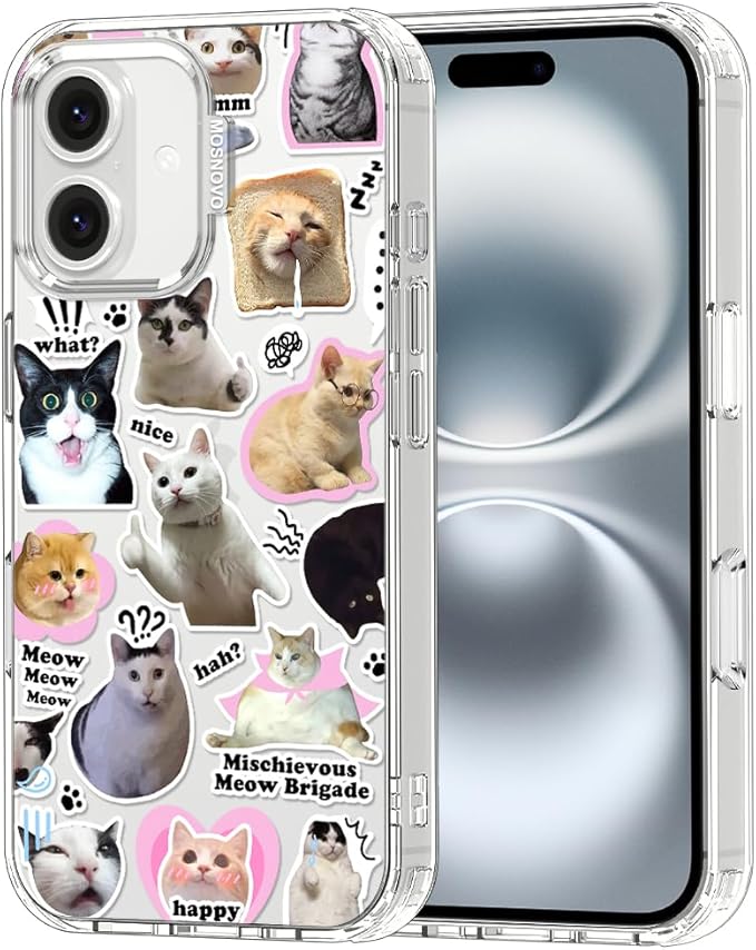 MOSNOVO Case for iPhone 16 Plus, [Buffertech 6.6ft Military-Grade Drop Protection] [Anti Peel Off Tech] Clear TPU Bumper Phone Case Cover Design - The Cat Brigade