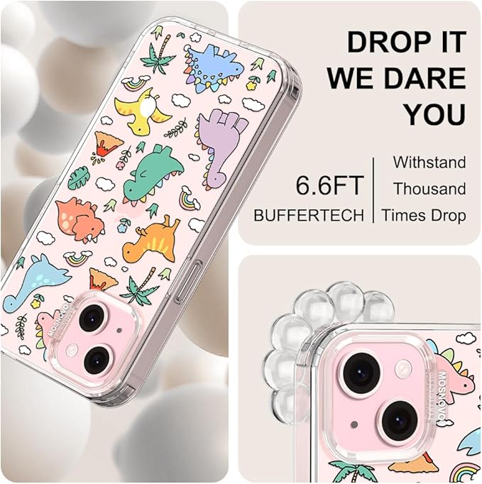 MOSNOVO Case for iPhone 15 Plus/iPhone 14 Plus, [Buffertech 6.6ft Military-Grade Drop Protection] [Anti Peel Off Tech] Clear TPU Bumper Phone Case Cover Design - Dinosaur Land