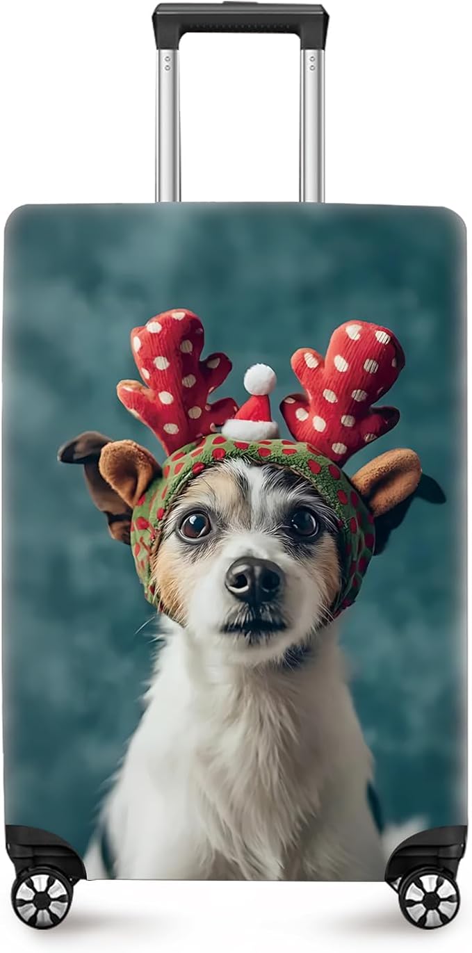 ANNA QUEEN Christmas Dog Luggage Cover, Cute Puppy with Reindeer Antlers Suitcase Protector, Washable Stretchable Travel Sleeve for 20-22 Inch Luggage