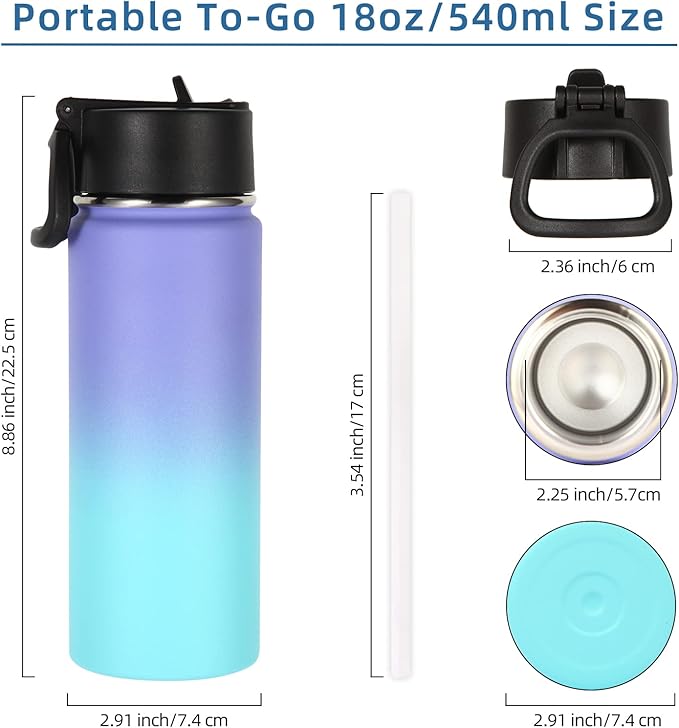 Volhoply 18oz Insulated Water Bottle Bulk 4 Pack,Kids Stainless Steel Water Bottles with Straw,Double Wall Vacuum Reusable Metal Bottle,Wide Mouth Sports Flask For Cold Drink(Assorted,8 Set)