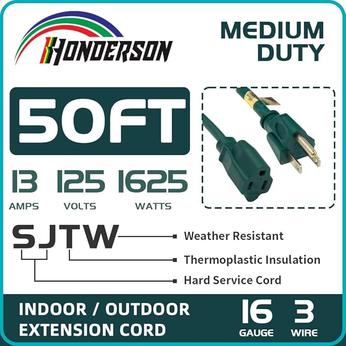 50FT Outdoor Extension Cord-16/3 SJTW Durable Green Extension Cable with 3 Prong Grounded Plug for Safety,Great for Outside Christmas Decorations