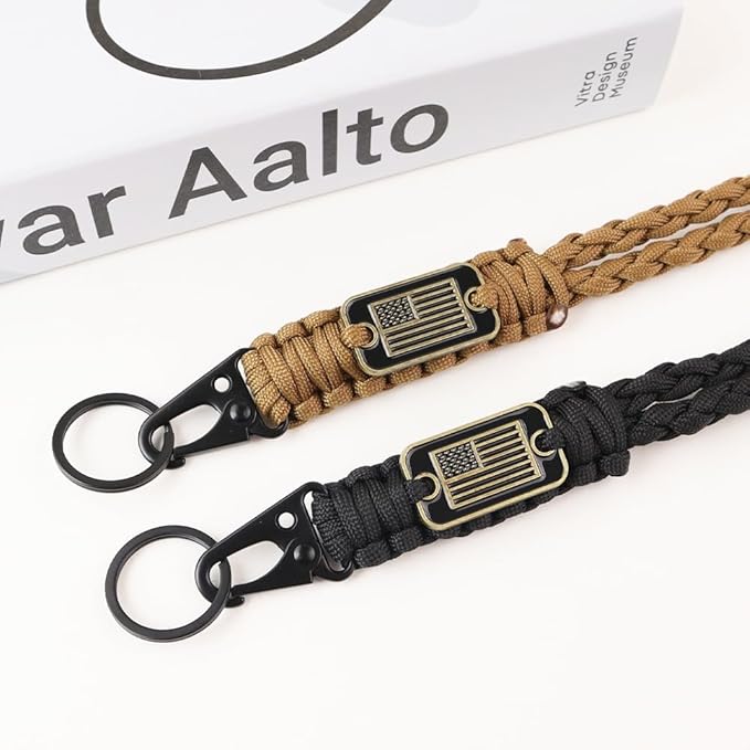 2pcs Heavy Duty Braided Paracord Lanyard Keychains with USA Flag, Parachute Rope Necklace for Outdoor Activities