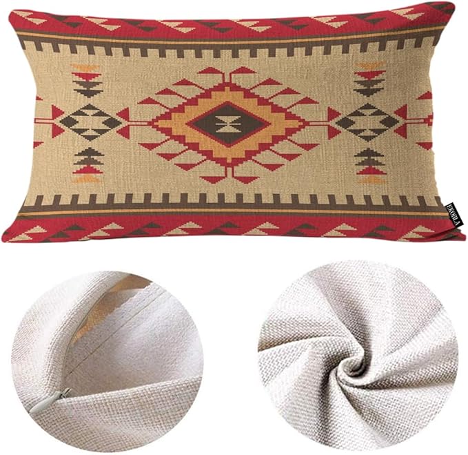EKOBLA Vintage Ethnic Pattern 12x20 Pillow Case Tribal Print American Style Aztec Boho Geometric Square Cotton Linen Decorative Cushion Case for Couch Sofa Chair Bed 12x20 Inches