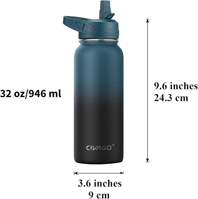 CIVAGO 32 oz Insulated Water Bottle With Straw, Stainless Steel Sports Water Cup Flask with 3 Lids (Straw, Spout and Handle Lid), Wide Mouth Travel Thermal Mug, Lavender