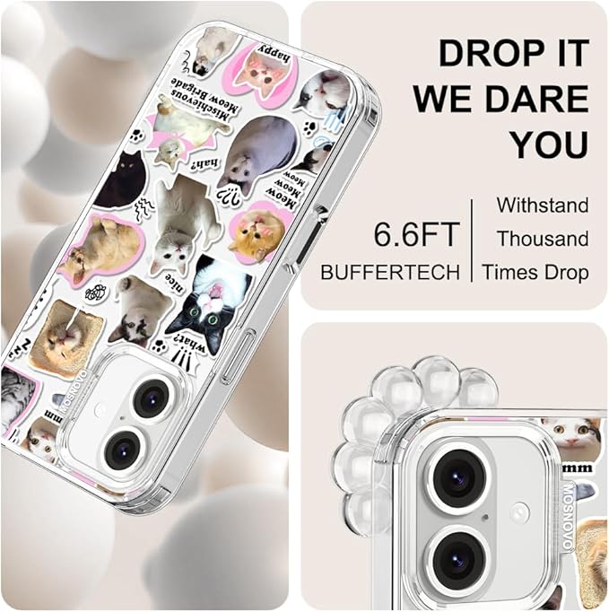 MOSNOVO Case for iPhone 16 Plus, [Buffertech 6.6ft Military-Grade Drop Protection] [Anti Peel Off Tech] Clear TPU Bumper Phone Case Cover Design - The Cat Brigade