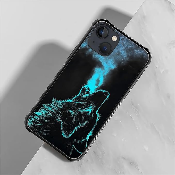 for iPhone 13 Mini Case, Blue Breathing Wolf Pattern Graphic Design Girl Boy Soft Silicone Hard Acrylic Shock Protection for iPhone 13 Mini