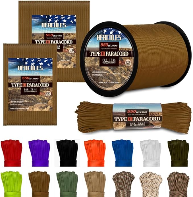 HERCULES Type III Paracord 550 Paracord Rope Parachute Cord, 50' Coyote Brown for Camping Cord, Survival Rope