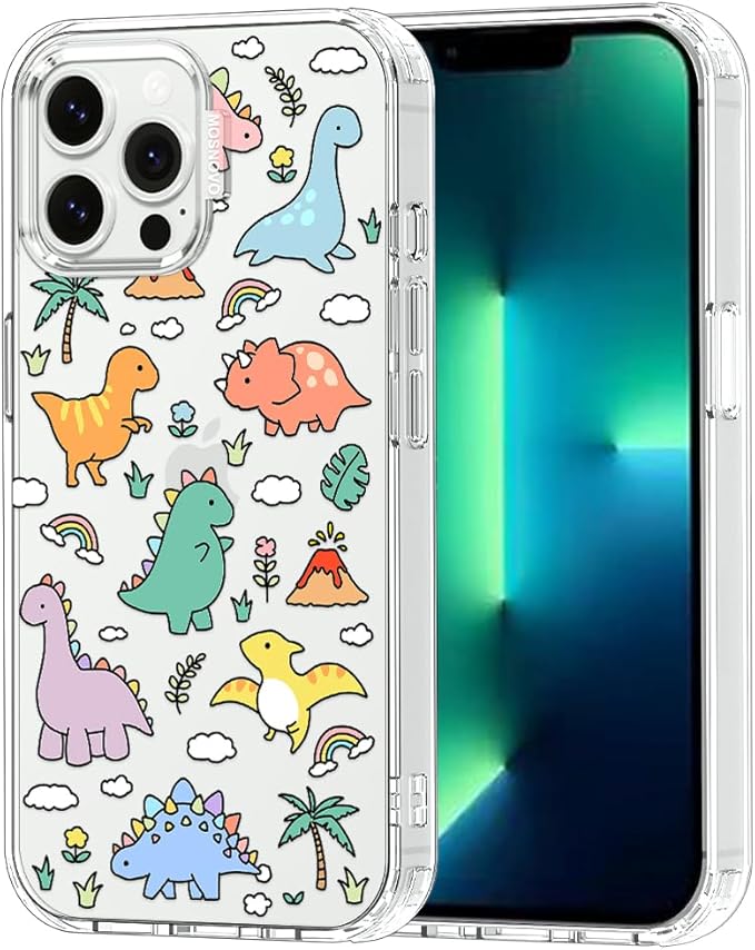 MOSNOVO Case for iPhone 13 Pro Max, [Buffertech 6.6ft Military-Grade Drop Protection] [Anti Peel Off Tech] Clear TPU Bumper Phone Case Cover Design - Dinosaur Land