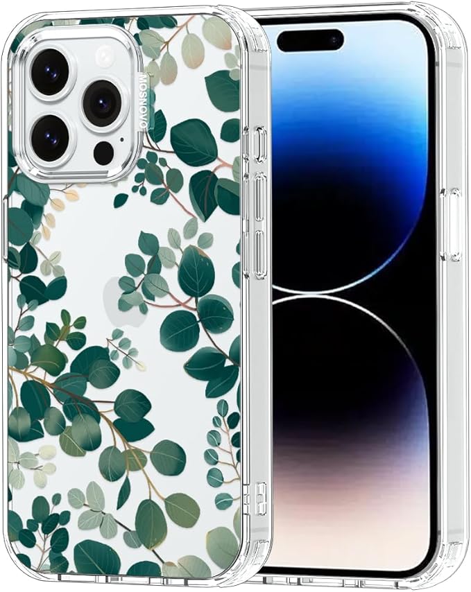 MOSNOVO Case for iPhone 14 Pro Max, [Buffertech 6.6ft Military-Grade Drop Protection] [Anti Peel Off Tech] Clear TPU Bumper Phone Case Cover Design - Eucalyptus
