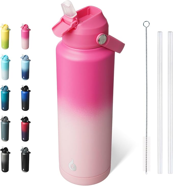 BJPKPK Insulated Water Bottle with Straw Lid, 40oz Large Thermo, BPA Free Leak Proof Stainless Steel Metal Water Bottles, Tumblers, Cups, Flasks for Travel, Sports,Cherry