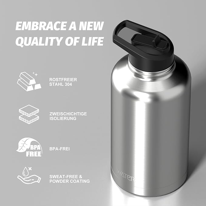 64oz Insulated Water Bottle (Cold for 48 Hrs),BPA Free&Leak Proof,Half Gallon Stainless Steel Water Flask,Water Jug with Straw Spout Lids for Gym,Hiking,Camping,Stainless