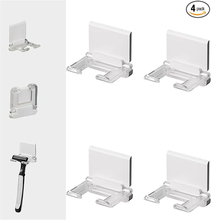 Self-Adhesive Foldable Hook | Wall-Mounted Power Cord Organizer | Razor Holder | Multi-Purpose Hanging Hook for Kitchen & Bathroom | 4-Pack↳ (4, White+Clear)