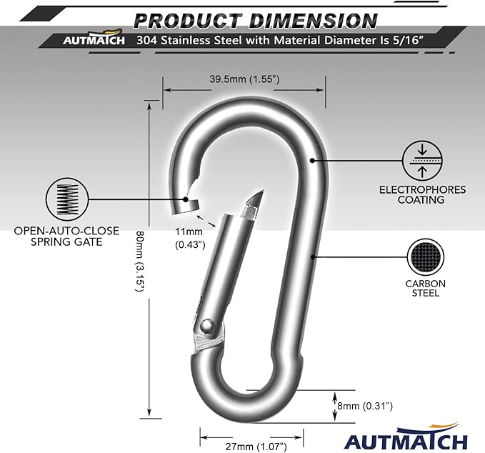 AUTMATCH Carabiner Clips, 3" Spring Snap Hook Caribeener Clips Buckle Heavy Duty Locking Carabiners Chain Quick Links, 4 Pack
