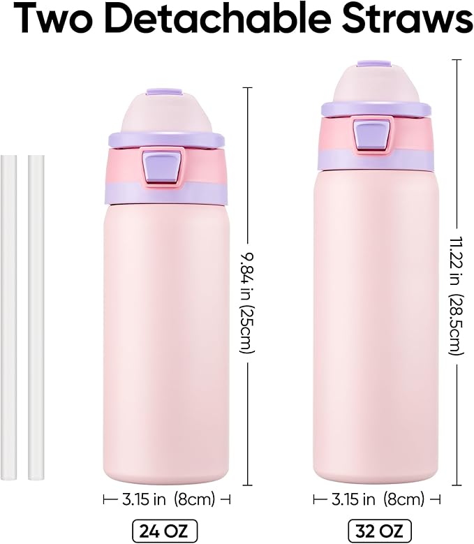Fijinhom 32 oz Insulated Water Bottle with 2-in-1 Straw and Spout Lid, Stainless Steel Double Wall Vacuum Flask, Sports Water Bottle Keeps Cold 24H, Leak Proof for Gym, Outdoor, Travel (Pink)
