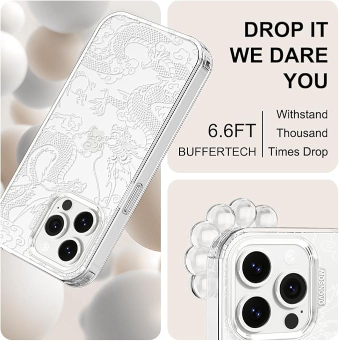 MOSNOVO Case for iPhone 13 Pro, [Buffertech 6.6ft Military-Grade Drop Protection] [Anti Peel Off Tech] Clear TPU Bumper Phone Case Cover Design - White Dragon